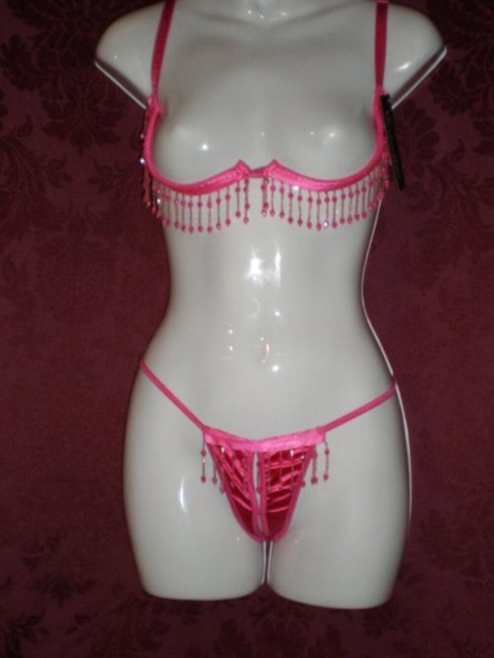 NWT Escante 39044 Pink Open Cup Shelf Bra and Open Thong Beaded Size Small